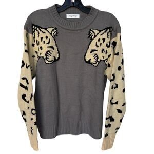 Angashion Gray, Cream and Black Double Leopard Sleeves Novelty Sweater size XL
